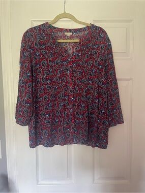 Talbots Red Paisley 3/4-Sleeve V-Neck Blouse Americana red white and blue